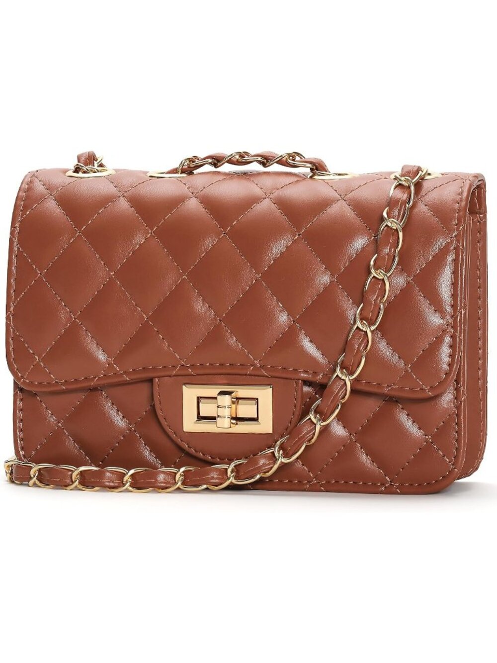 Women's Brown PU Leather Satchel Small Quilted Purse Chain Crossbody Bags